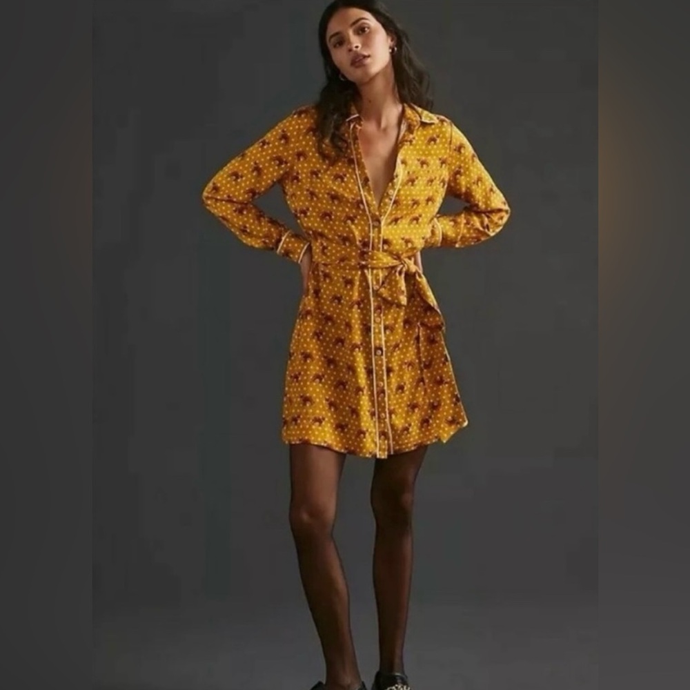 Anthropologie Mustard Floral Long-Sleeve Shirt Dress